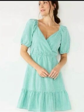 Draper James Mint Gingham Puff Sleeve Midi Dress